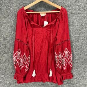 New Sweet Magnolia Blouse Women L Large Red Floral Embroidered V-Neck Tasseled
